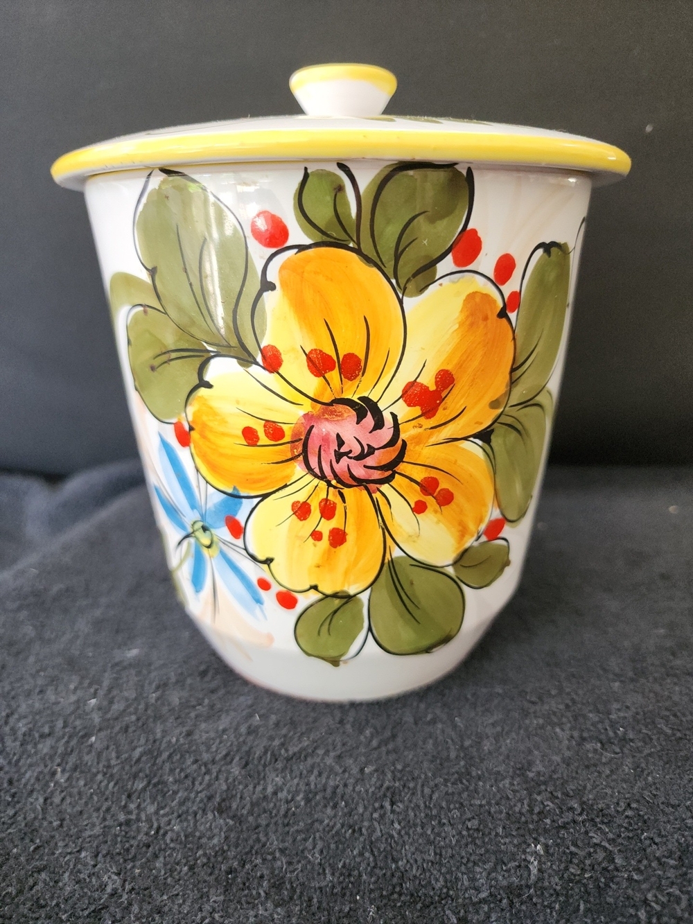 Italian Pottery Cookie Jar Lid Biscotti Canister Handpainted Yellow Flower Italy